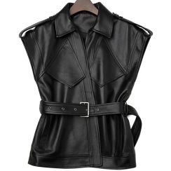 Women Black Lapel Real Leather Vest